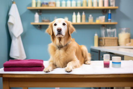 bath soap and towels ready at a pet grooming station, created with generative aiの素材