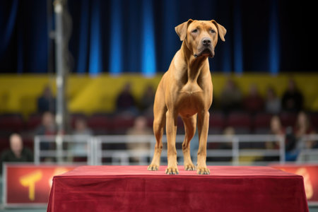 a large dog standing on a show podium, created with generative aiの素材