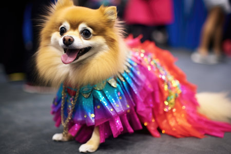 a pet fitted out in a colorful show costume, created with generative aiの素材