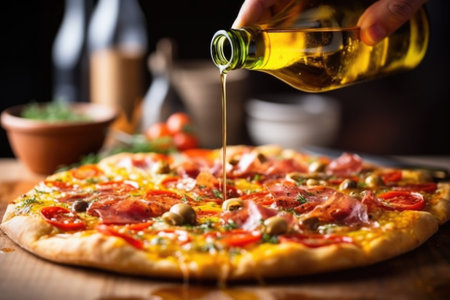 hand drizzling oil on a slice of pizza, created with generative aiの素材