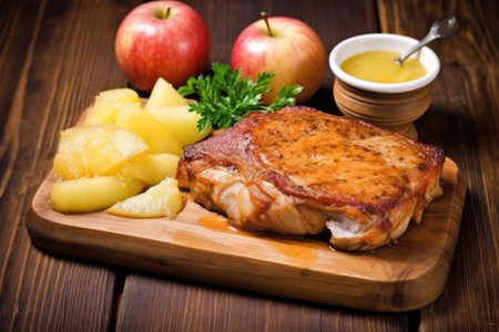 juicy pork chop brushed with homemade apple sauce on wood, created with generative aiの素材