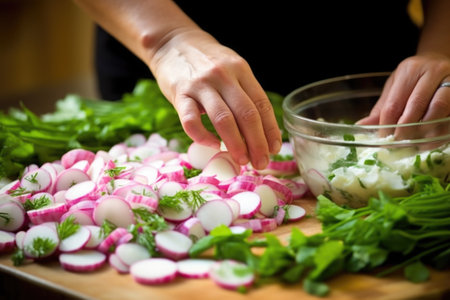 hand arranging radish slices on a freshly made potato salad, created with generative aiの素材