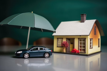 house and car toy under an open umbrella, created with generative aiの素材