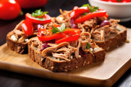 open-face pulled pork sandwich on whole-grain bread, created with generative aiの素材