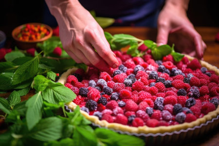 hand laying fresh mint leaves on top of raw berry pie, created with generative aiの素材