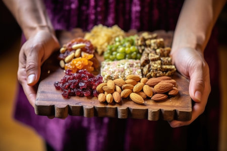 hand offering raw nut bar on an artisanally crafted wooden plate, created with generative aiの素材