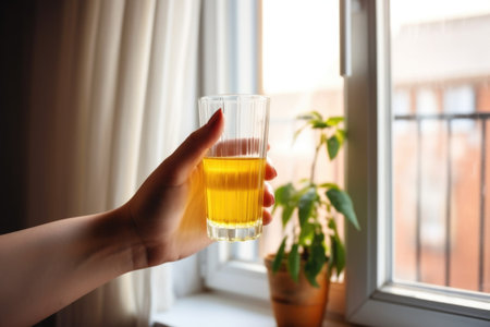 hand holding a glass of freshly made rejuvelac near a window, created with generative aiの素材