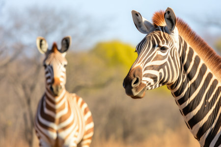 a zebra inspecting a giraffe from afar, created with generative aiの素材