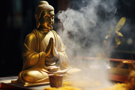 incense smoke wafting around a gold buddha statue, created with generative aiの素材