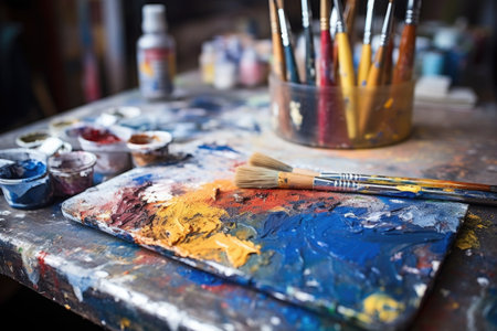 close-up on paintbrushes and a palette on an art desk, created with generative aiの素材