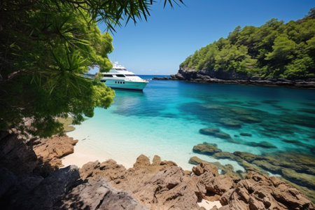 luxury yacht anchored nearby a secluded cove, created with generative aiの素材