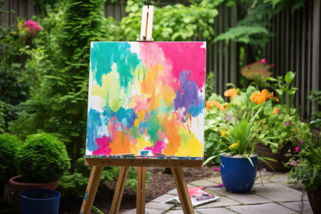 brightly painted easel and canvas in an outdoor setting, created with generative aiの素材