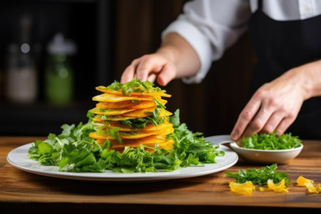 hand building a stack of butternut squash slices on a salad plate, created with generative aiの素材