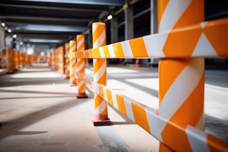 striped safety barrier tape in a construction site, created with generative aiの素材