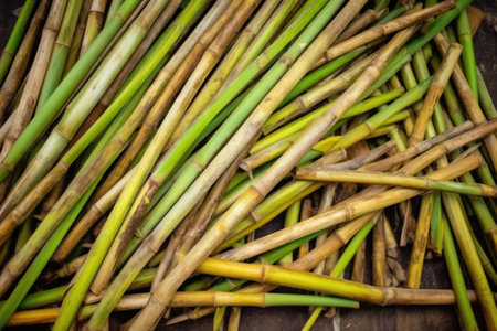 flat lay of sugarcane stalks before getting processed, created with generative aiの素材