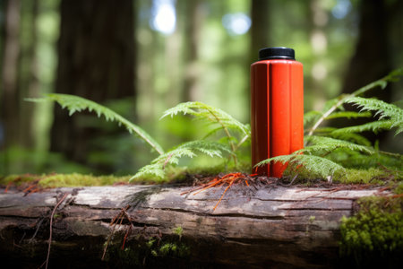 bug spray can sitting on a stump in a forest, created with generative aiの素材