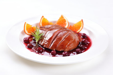marinated duck with star anise on a white plate, created with generative aiの素材