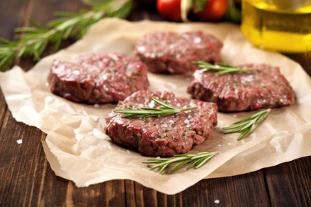 herb-marinated hamburger patties on wax paper, created with generative aiの素材
