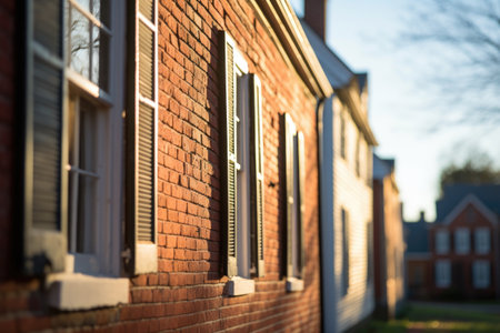 close-up shot of a brick facade with a saltbox house silhouette in the background, created with generative aiの素材