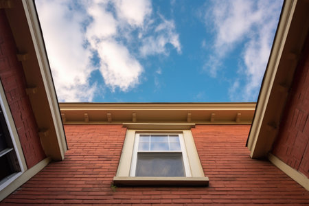 an upward perspective shot of a saltbox house, brick facade against the sky, created with generative aiの素材