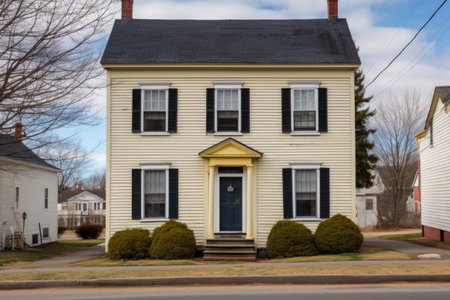 saltbox house with half-shuttered windows in the front, created with generative aiの素材