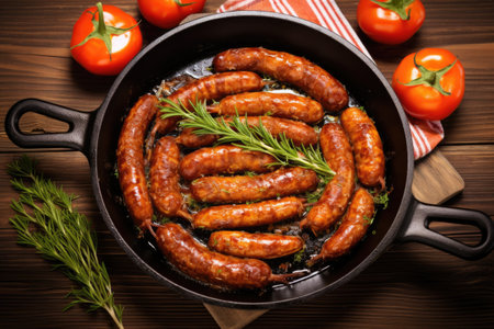overhead shot of gourmet sausages in a skillet, created with generative aiの素材
