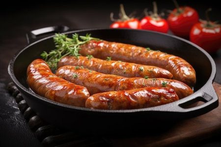 pork sausages side by side, sizzling in a skillet, created with generative aiの素材