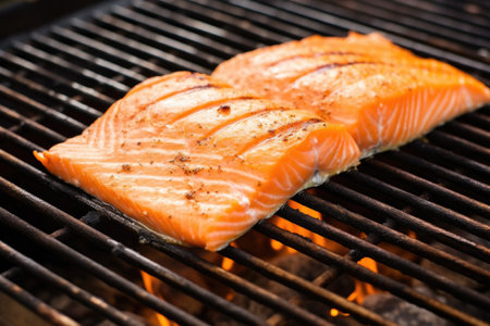 salmon fillet on a grill with grill marks visible, created with generative aiの素材