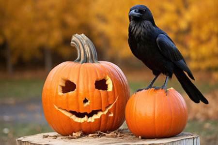 a raven standing on a pumpkin during fall, created with generative aiの素材