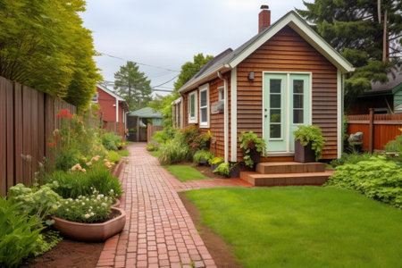 wood-shingle house with red brick path and shed, created with generative aiの素材