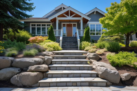 shingle style home with stone steps leading to entrance, created with generative aiの素材