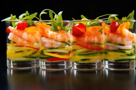 cross-section view of shrimp skewers on glass, created with generative aiの素材