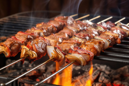 skewers on a marinated grill with wooden handle, created with generative aiの素材