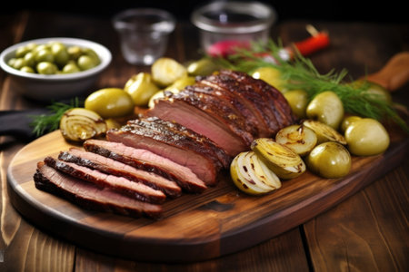 sliced smoked brisket with pickles and onions, created with generative aiの素材