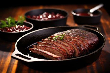 smoked beef brisket in a cast iron pan with a brush and barbecue sauce, created with generative aiの素材