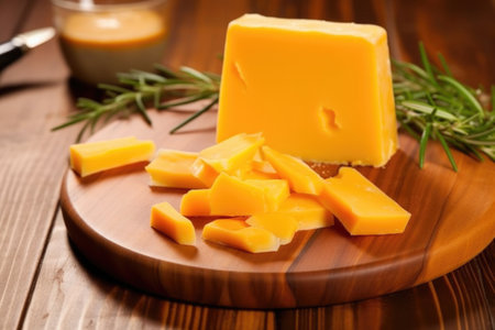 closeup shot of smoked cheddar with wooden board background, created with generative aiの素材