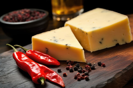 smoked pepper jack cheese on a black board, created with generative aiの素材