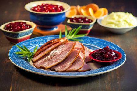 smoked duck with cranberry sauce on a blue ceramic plate, created with generative aiの素材