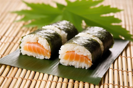 smoked salmon sushi roll on a bamboo mat, created with generative aiの素材