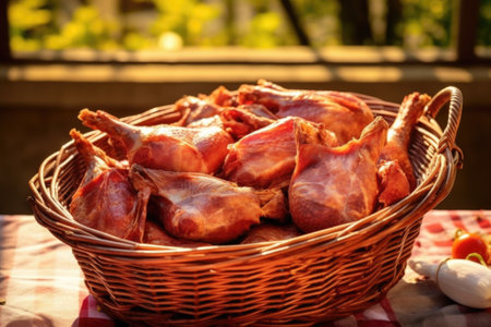 a basket full of smoked turkey legs under soft sunlight, created with generative aiの素材