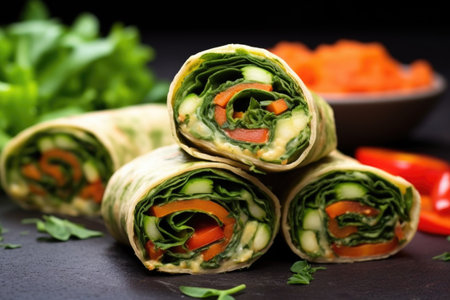 close-up of smoky veggie wraps garnished with parsley, created with generative aiの素材