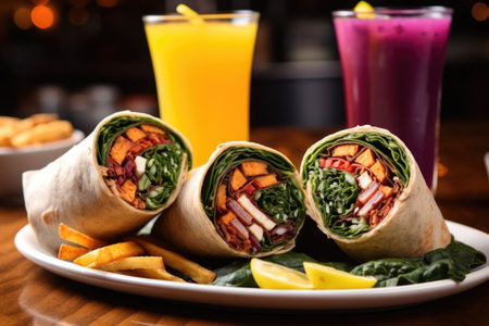 bbq veggie wraps with cool drinks and fries, created with generative aiの素材