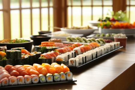 arranged sushi plate on a dinner table, created with generative aiの素材