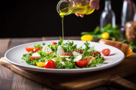 of the final touch, a hand drizzling olive oil on salad, created with generative aiの素材