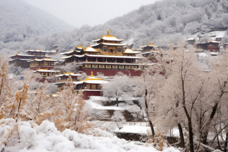 mountain-side buddhist monastery covered in snow, created with generative aiの素材