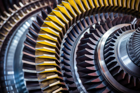 macro shot of steam turbine metal details, created with generative aiの素材