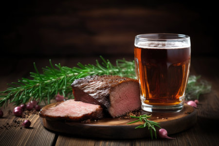 stout beer in a pint glass, thin slices of beef brisket, created with generative aiの素材