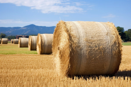 stack of hay bales in organic farming field, created with generative aiの素材