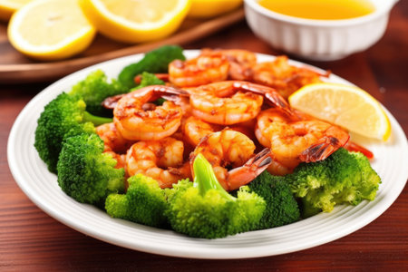plate of bbq shrimps surrounded by fresh broccoli, created with generative aiの素材