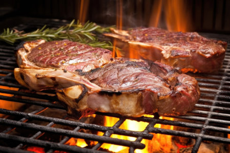 t-bone steaks on a barbecue grill with flames licking the meat, created with generative aiの素材